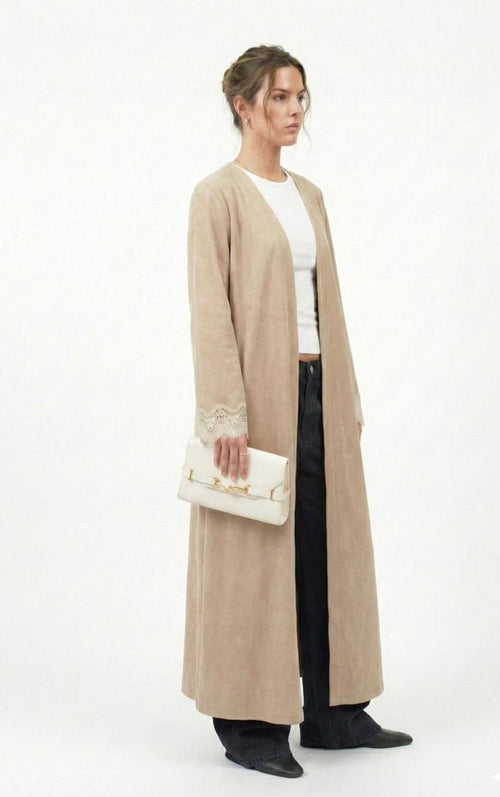 Beige Suede Dantelle Kaftan